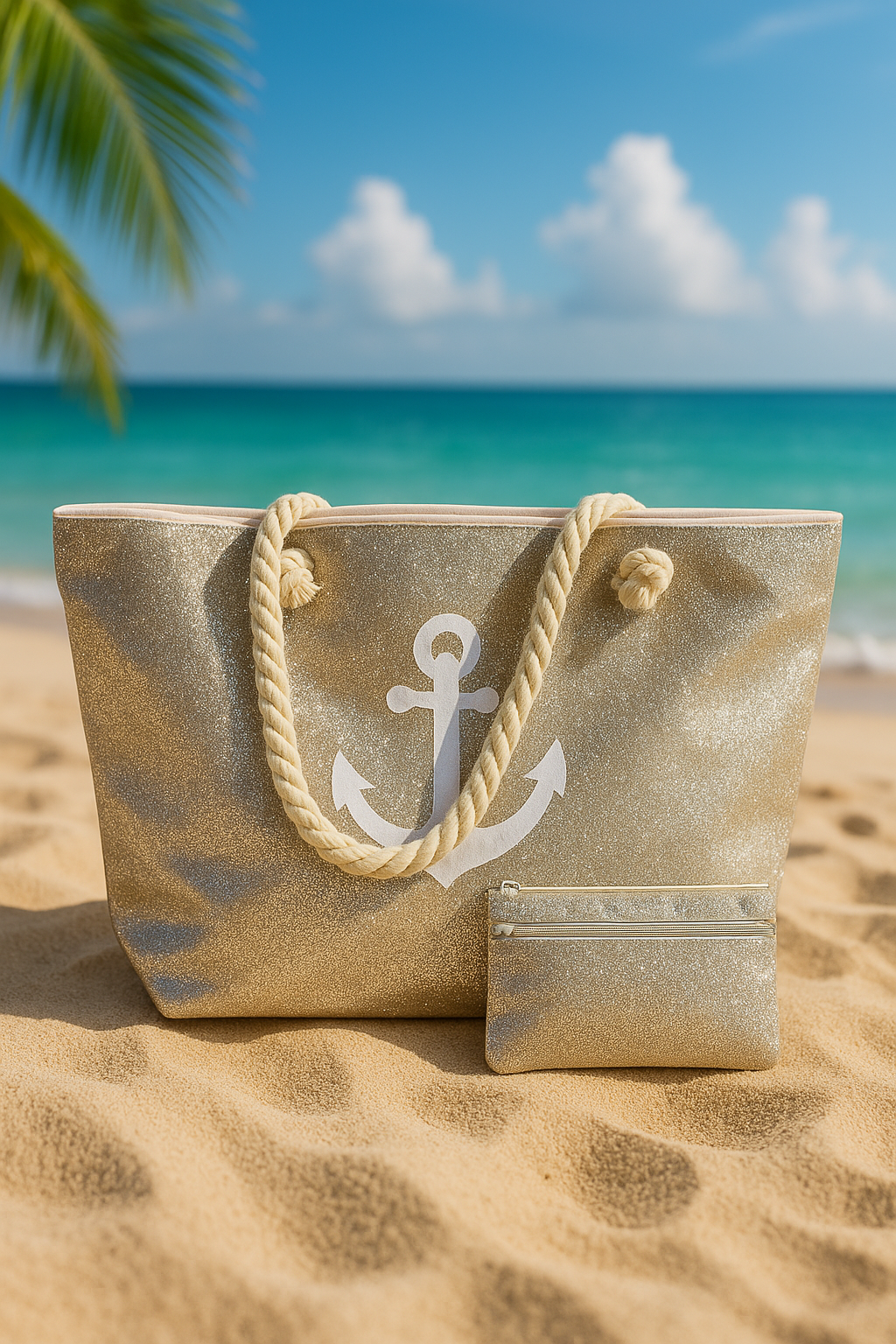 ⚓ Bolso de Playa Dorado Brillante con Ancla + Neceser ✨