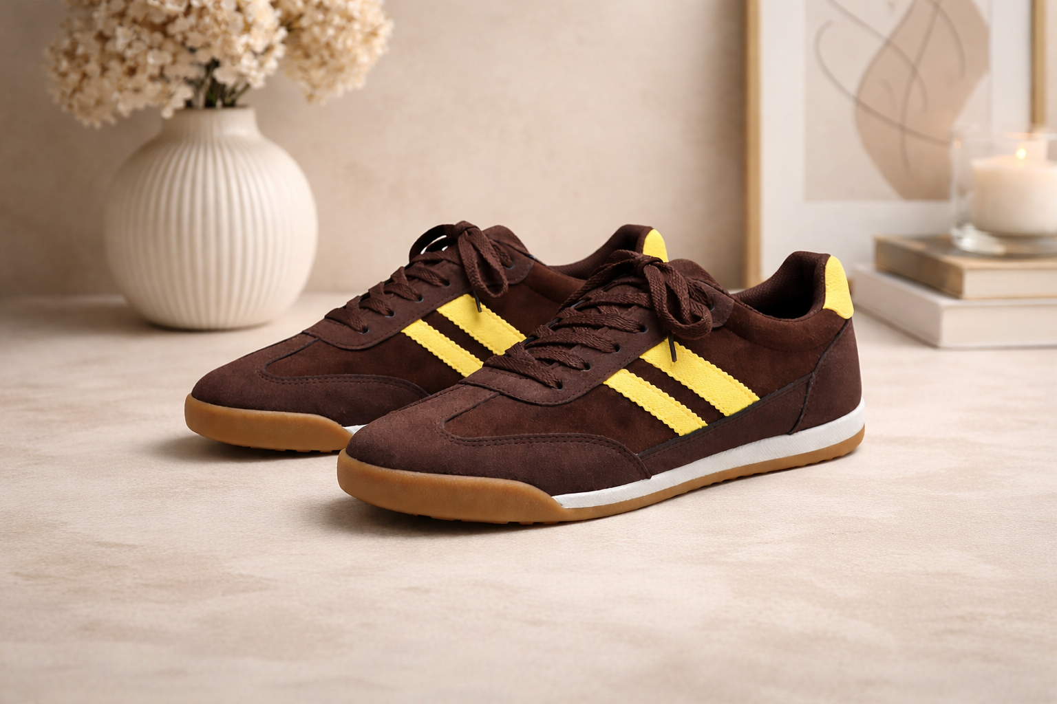 Zapatillas Estilo Retro en Ante Marrón con Detalles Amarillos