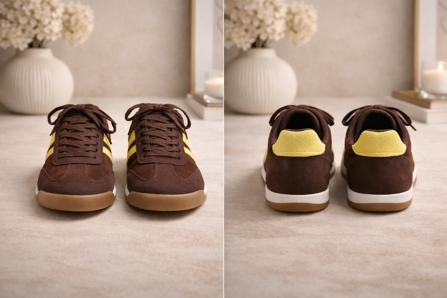 Zapatillas Estilo Retro en Ante Marrón con Detalles Amarillos